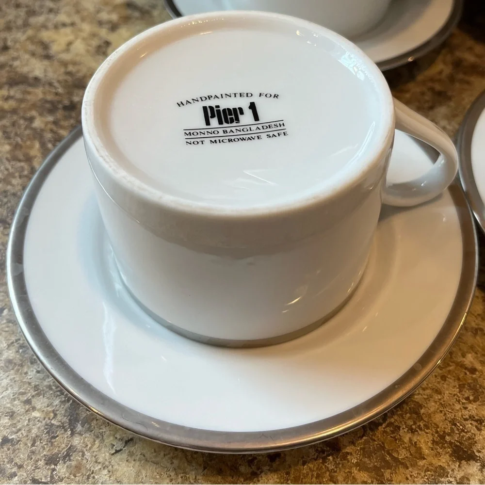 Pier 1 Monno Bangladesh Elegant White and Silver Tea Cups and Saucers Set of 6